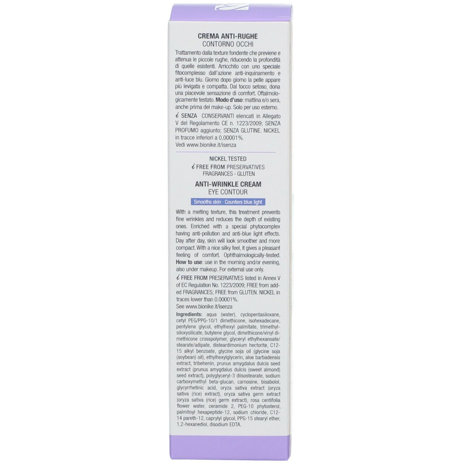 Lila Schachtel mit Text. Enthält Informationen über das Produkt und die Marke BioNike. Text in englischer Sprache.
