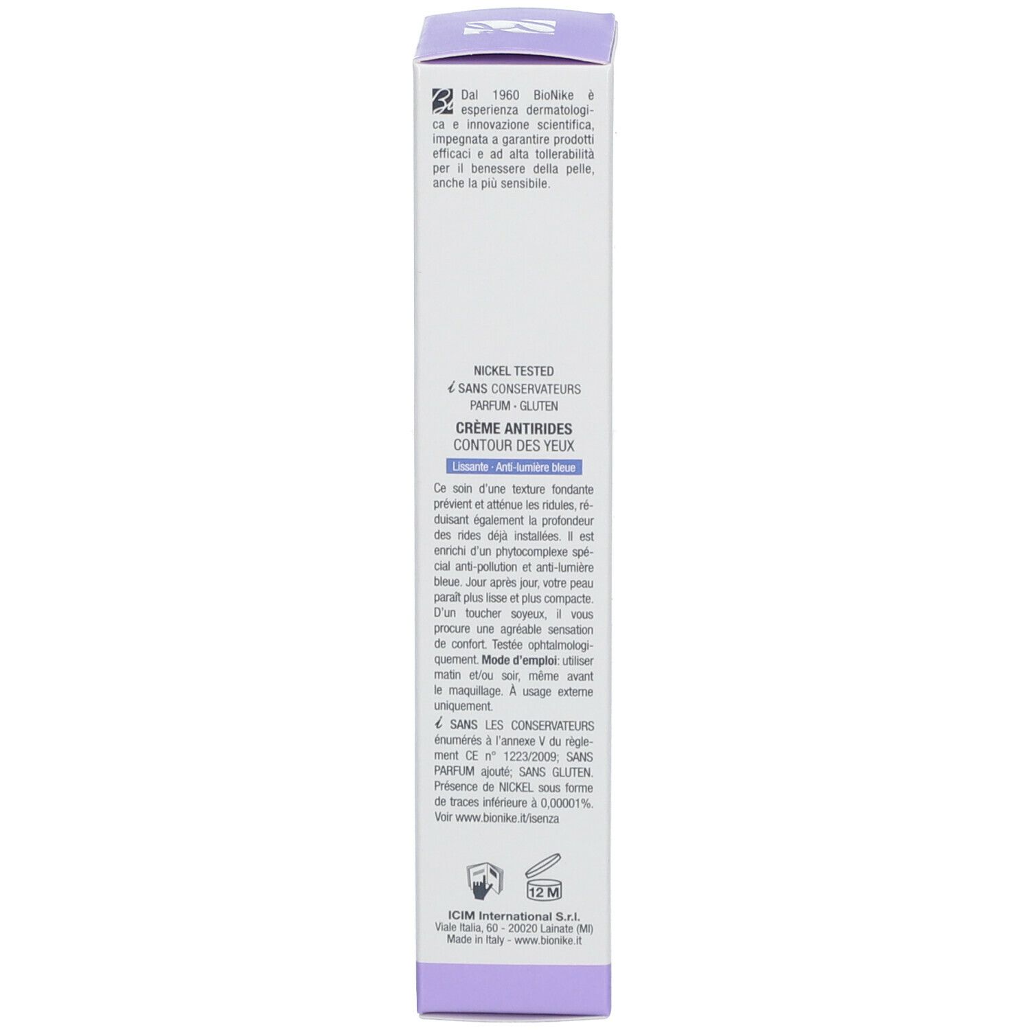 Lila Schachtel mit Text. Enthält Informationen über das Produkt und die Marke BioNike. Text in französischer Sprache.