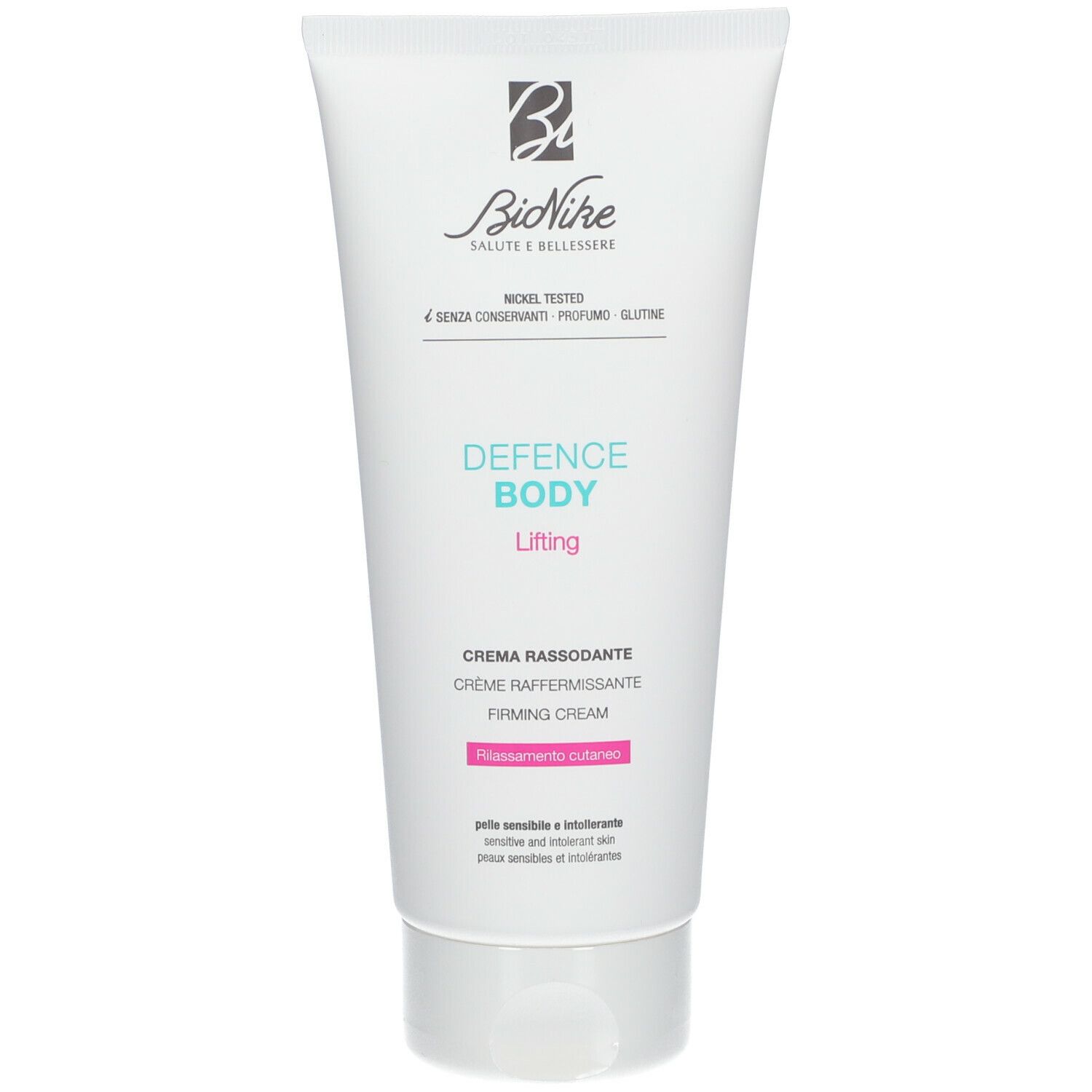 Tube blanc avec logo et nom du produit. Texte: DEFENCE BODY Lifting, Crème RASSODANTE, Firming Cream. Pour peaux sensibles.