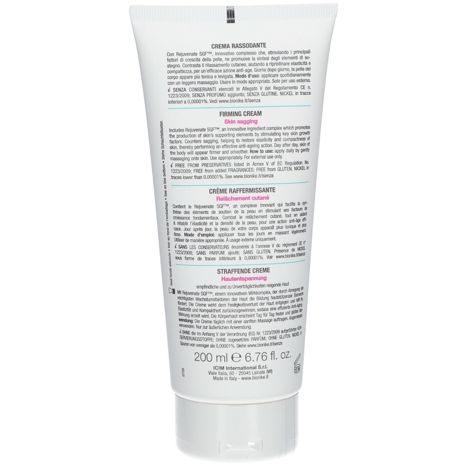 Dos du tube blanc. Texte: Crème RASSODANTE, Firming Cream, Straffende Creme. Ingrédients et instructions d'utilisation.