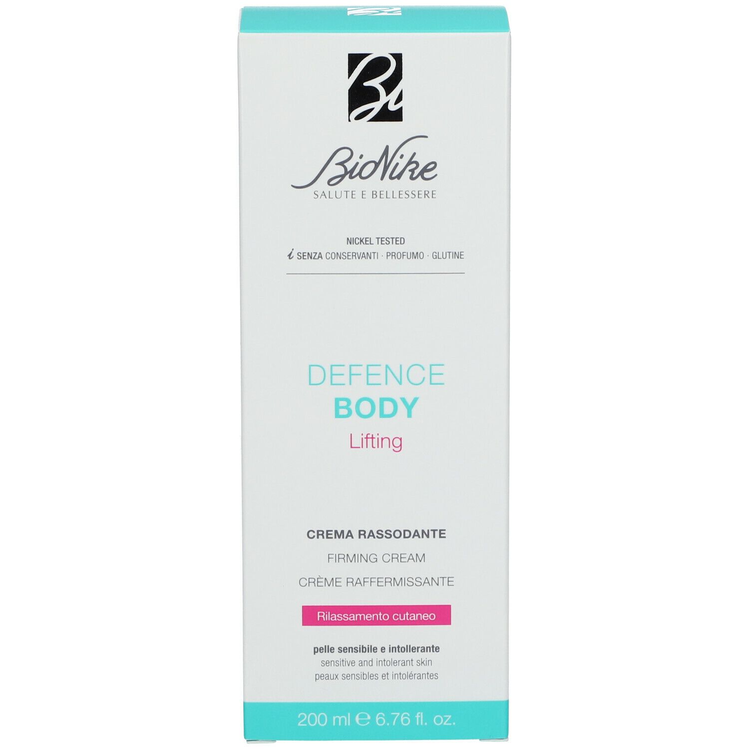 Emballage blanc avec nom du produit et logo. Texte: DEFENCE BODY Lifting, Crème RASSODANTE, Firming Cream. 200 ml.