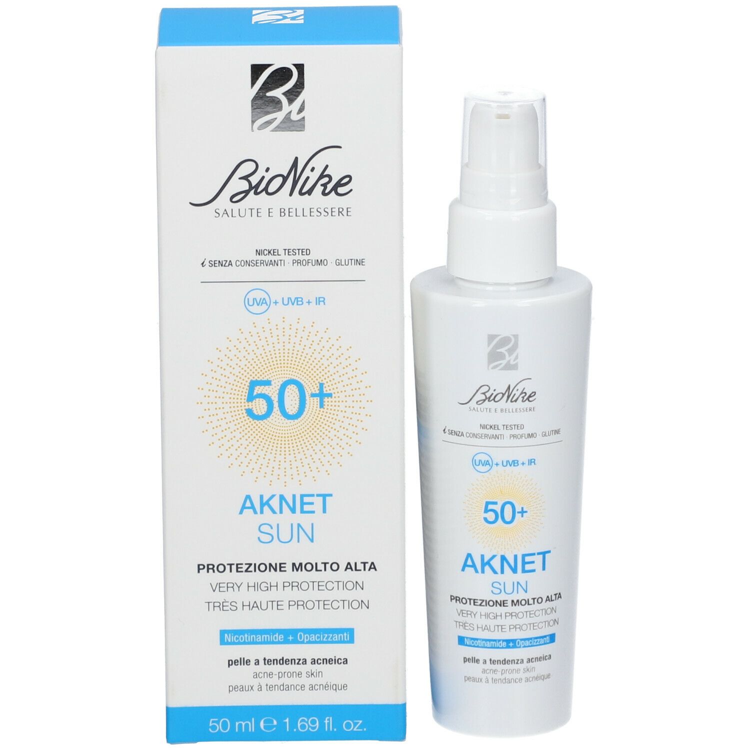 Product en verpakking. Witte fles met verstuiver en doos. Opschrift: BioNike, AKNET SUN SPF 50+.