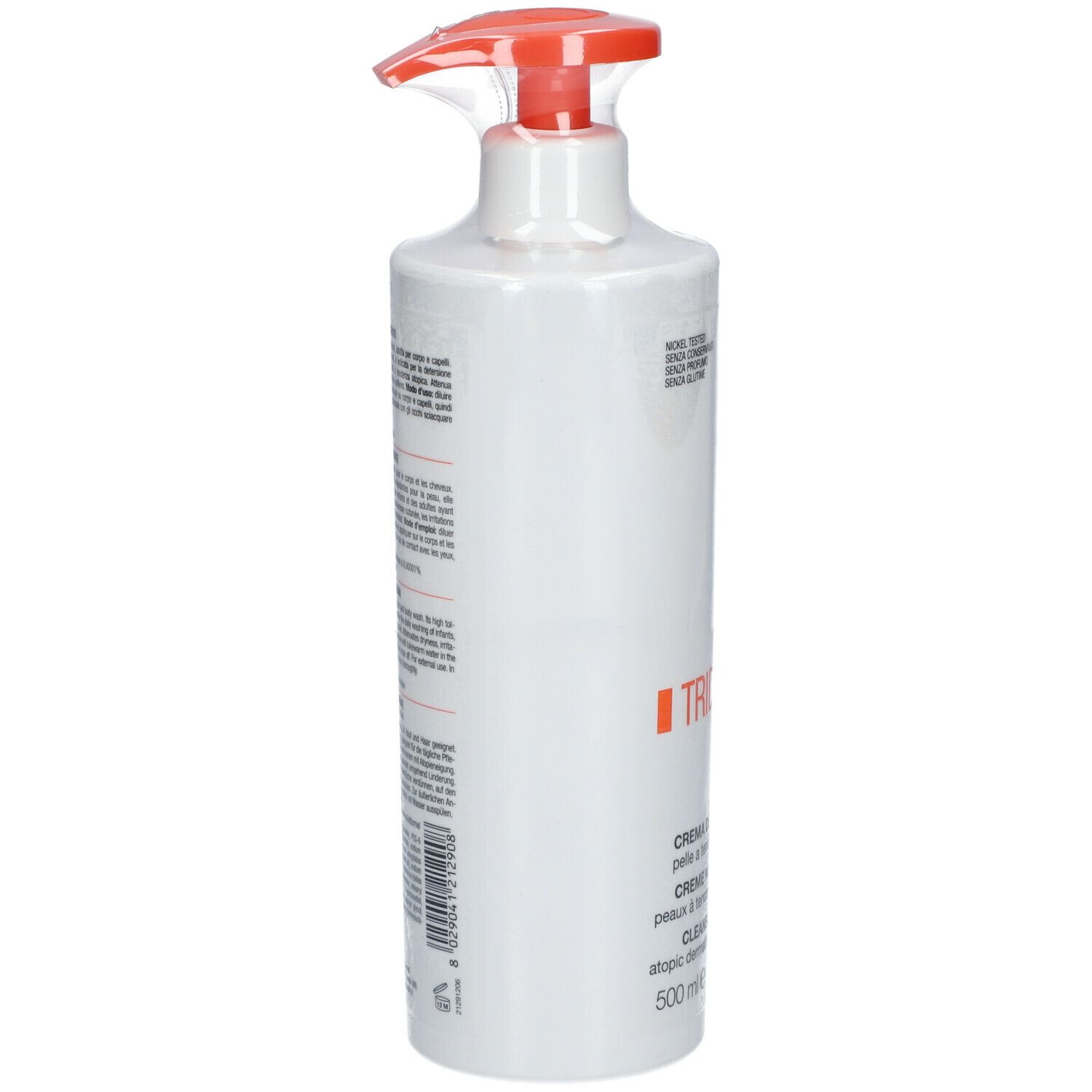 Flacon blanc avec pompe rouge. Dos avec texte. 500 ml.