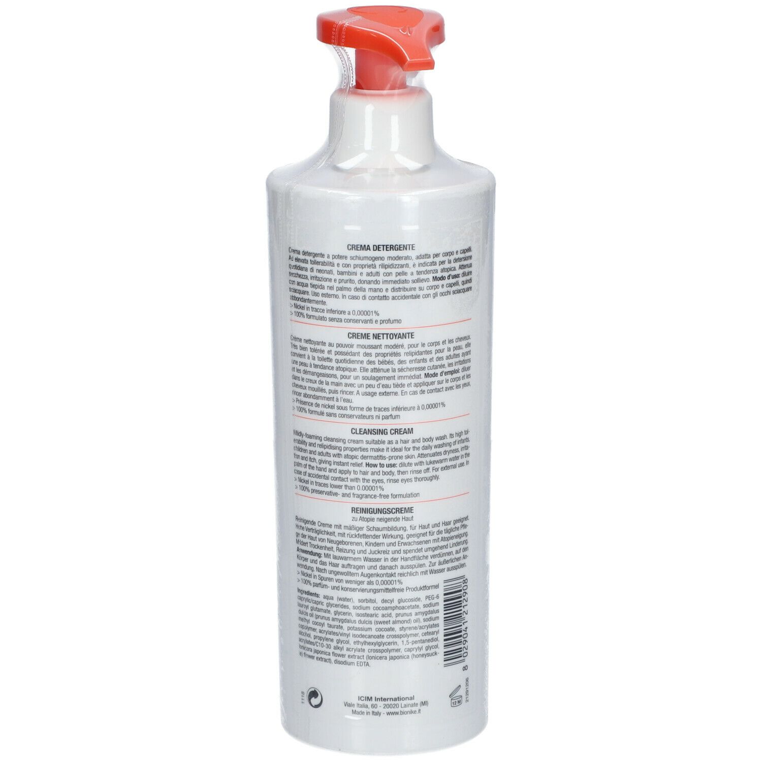 Flacon blanc avec pompe rouge. Dos avec texte. 500 ml.