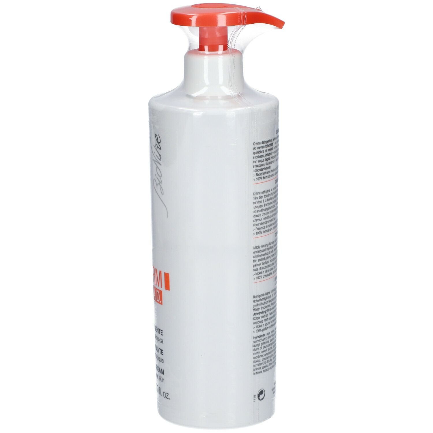 Flacon blanc avec pompe rouge. Dos avec texte. 500 ml.