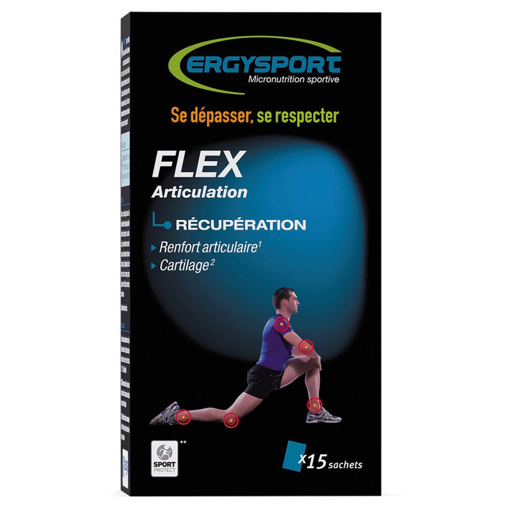 Doos ErgySport Flex. Opschrift FLEX Articulation, Récupération. Bevat 15 zakjes. Illustratie van een sporter.