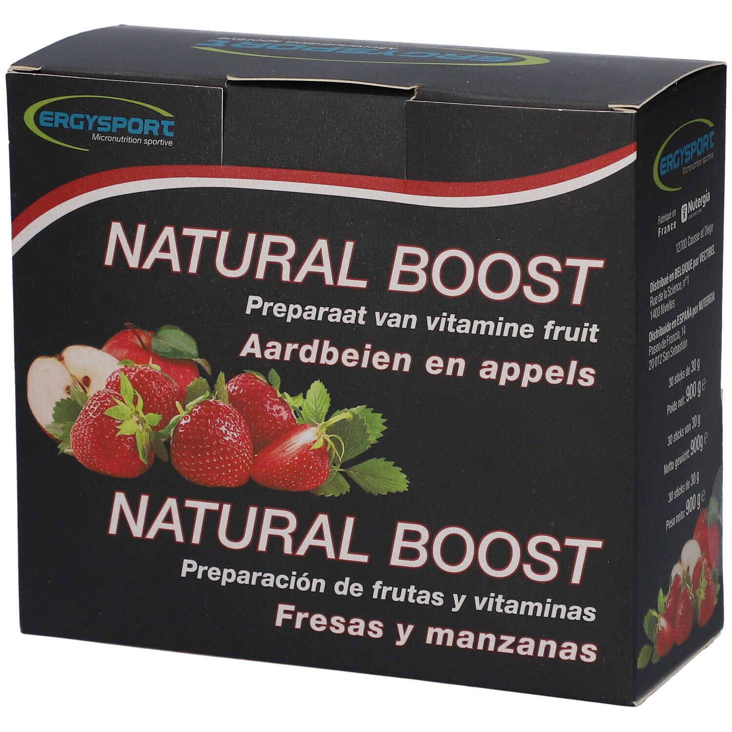 Zwarte verpakking met aardbeien en appels. Opschrift: NATURAL BOOST. Merk: Ergysport.