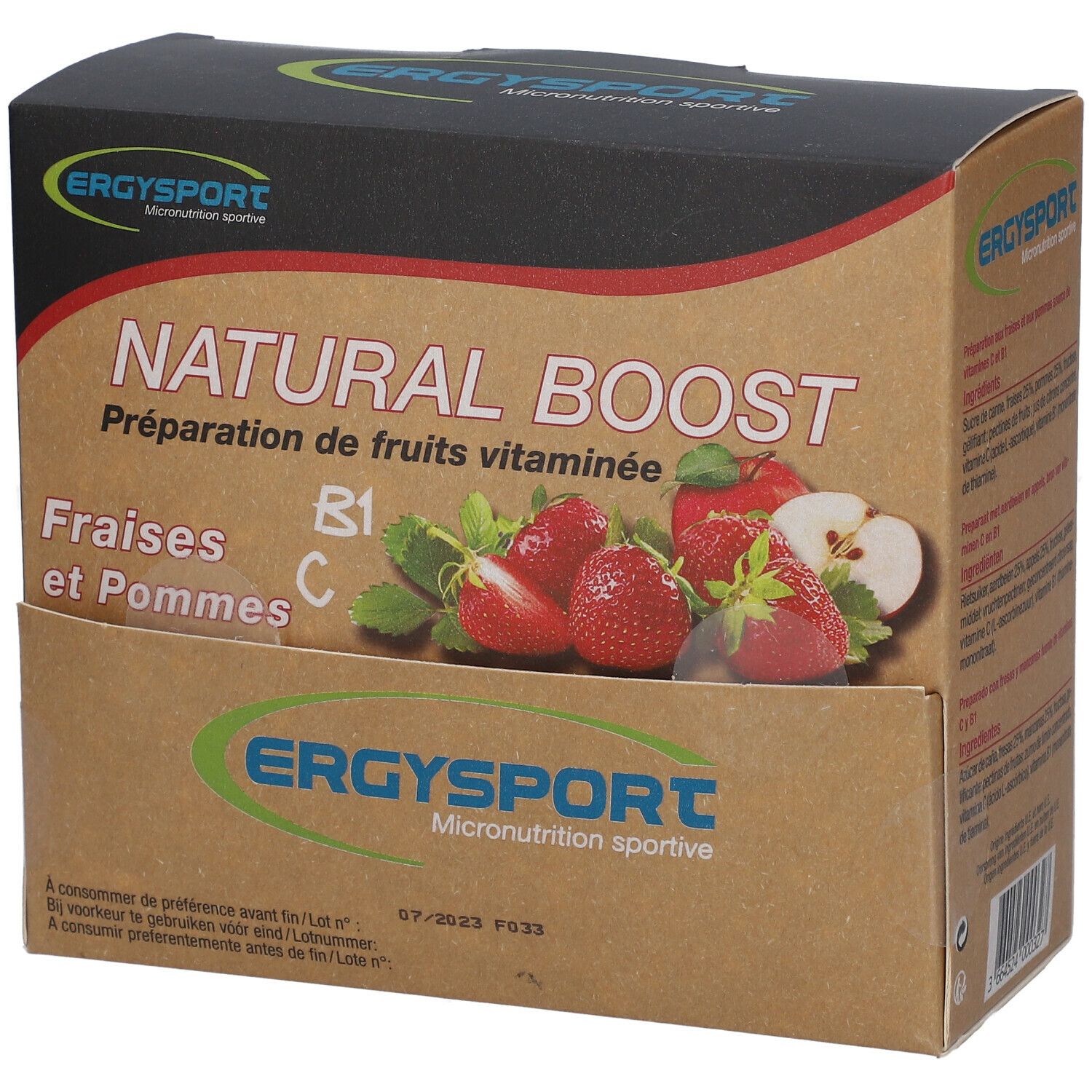 Verpakking met aardbeien en appels. Opschrift: NATURAL BOOST. Merk: Ergysport. THT: 07/2023.
