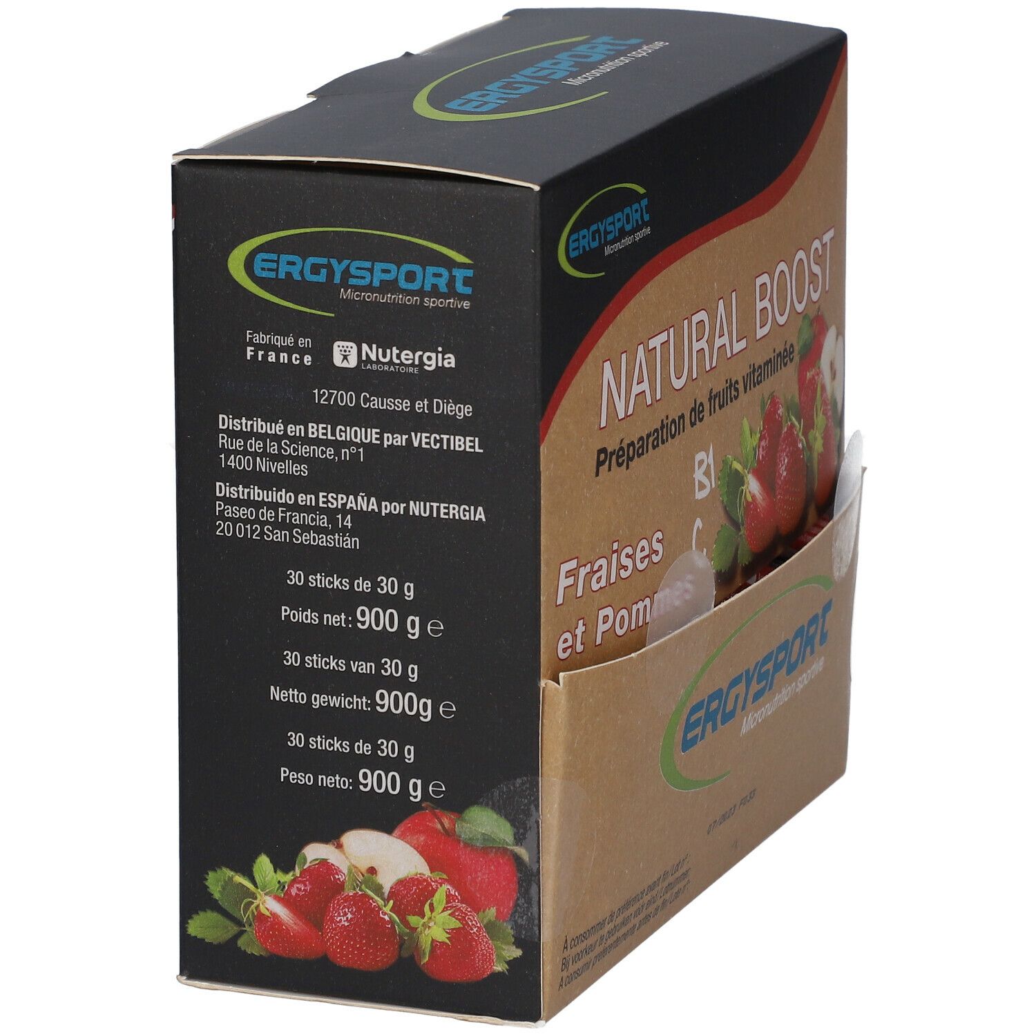Verpakking met aardbeien en appels. Opschrift: NATURAL BOOST. Merk: Ergysport. Informatie over inhoud en fabrikant.