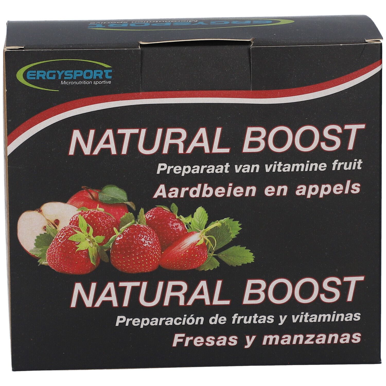 Zwarte verpakking met aardbeien en appels. Opschrift: NATURAL BOOST. Merk: Ergysport.