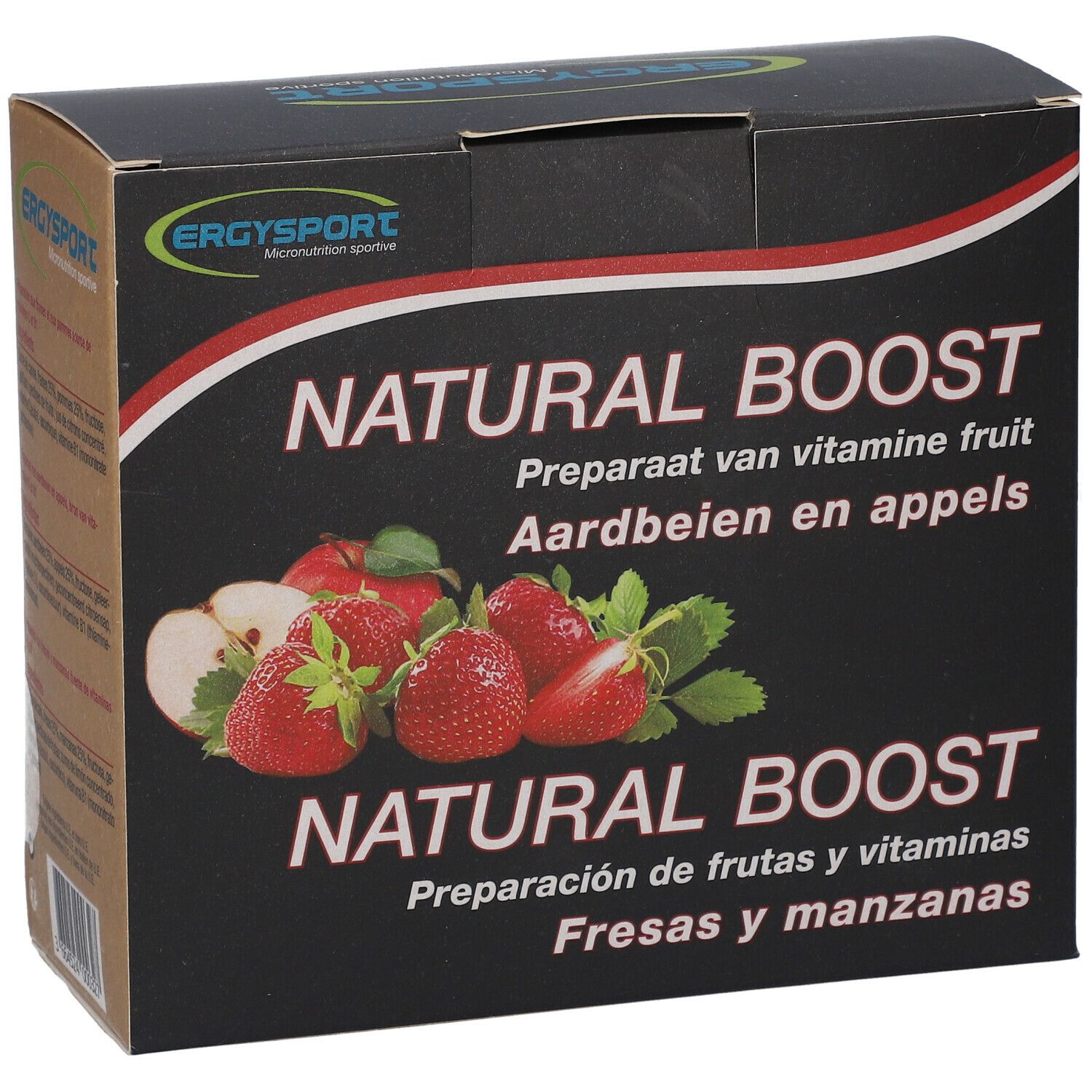 Zwarte verpakking met aardbeien en appels. Opschrift: NATURAL BOOST. Merk: Ergysport.