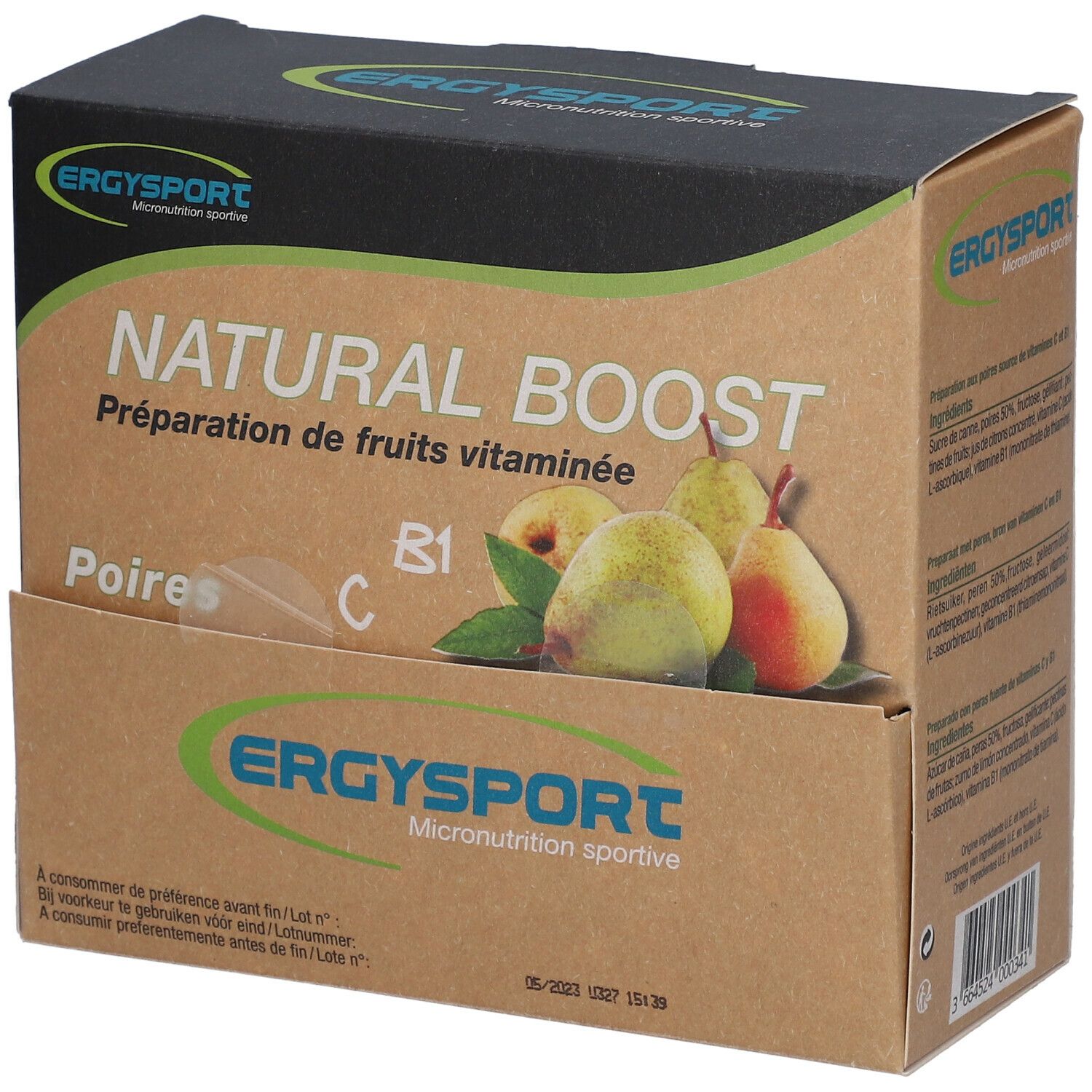 Doos Ergysport Natural Boost. Opschrift: Natural Boost, Peren, vitamine B1 en C. Logo en productnaam.