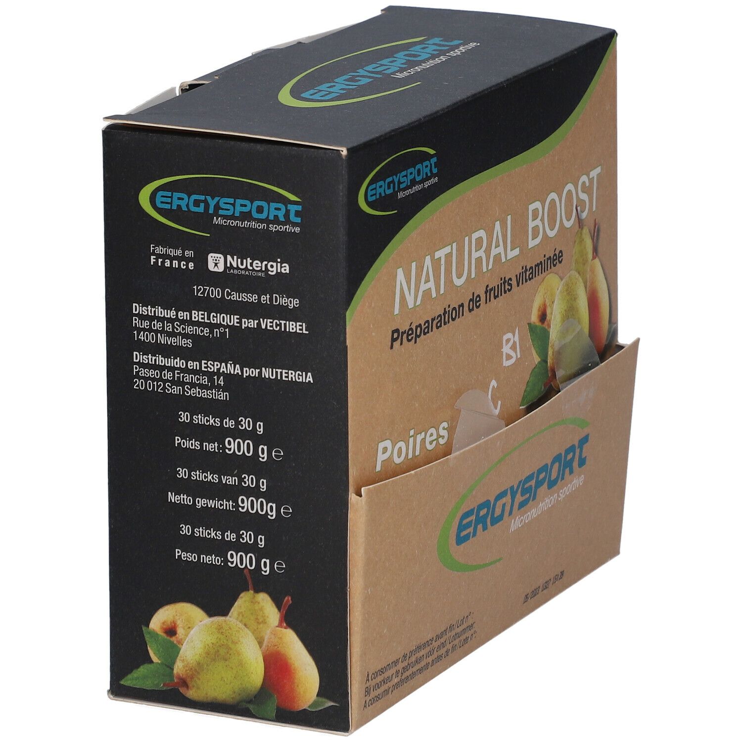 Doos Ergysport Natural Boost. Opschrift: Natural Boost, Peren, 30 sticks van 30 g. Logo en productnaam.