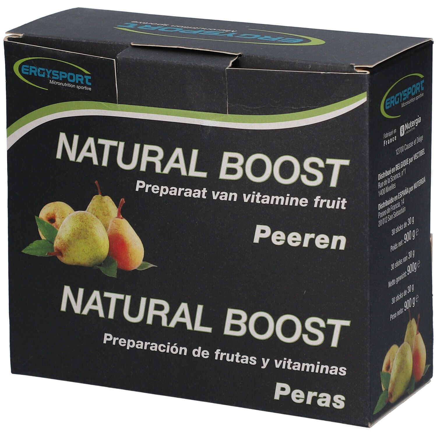 Doos Ergysport Natural Boost. Opschrift: Natural Boost, Peren, Peras. Logo en productnaam.