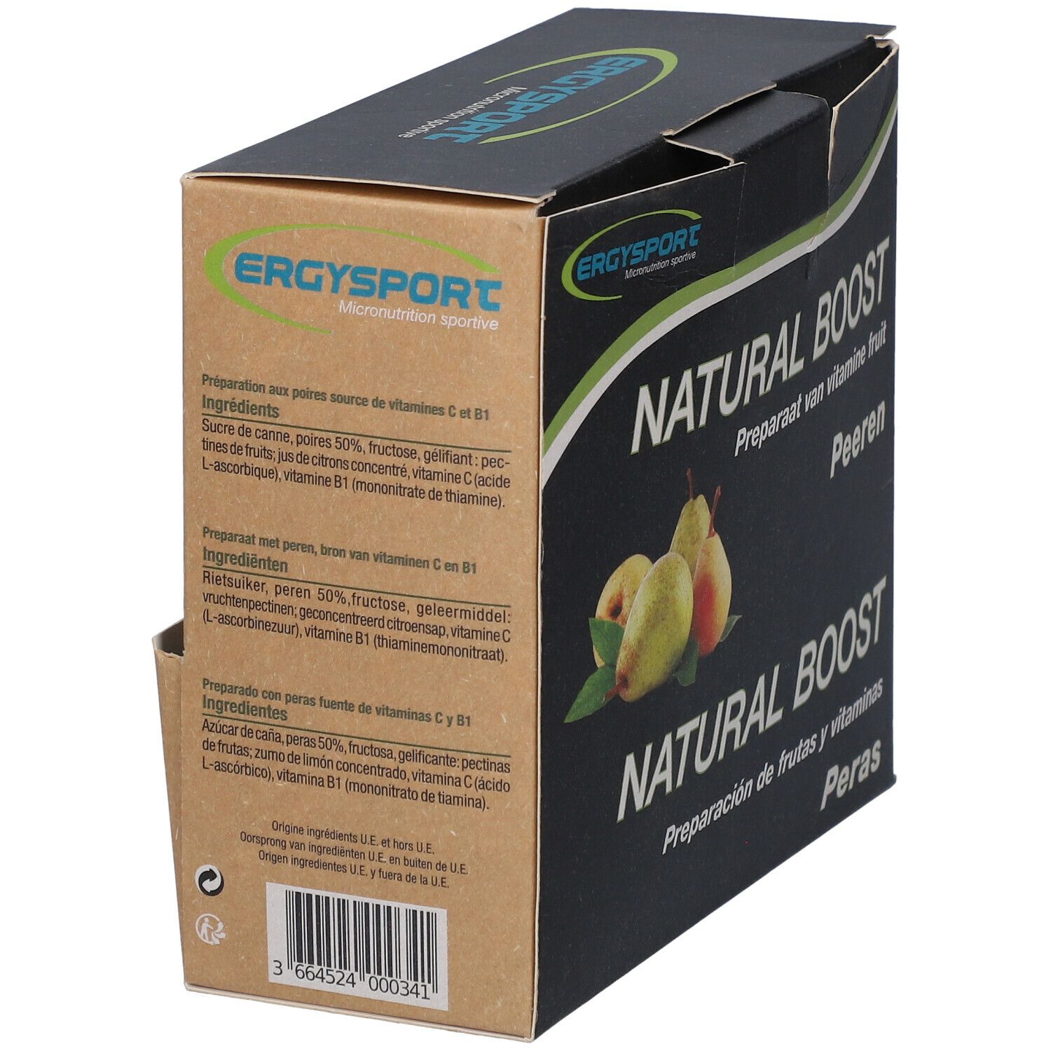 Doos Ergysport Natural Boost. Opschrift: Natural Boost, Peren, ingrediëntenlijst. Logo en productnaam.