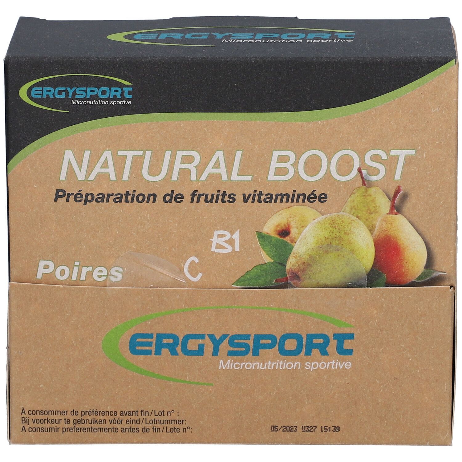 Doos Ergysport Natural Boost. Opschrift: Natural Boost, Peren, vitamine B1 en C. Logo en productnaam.