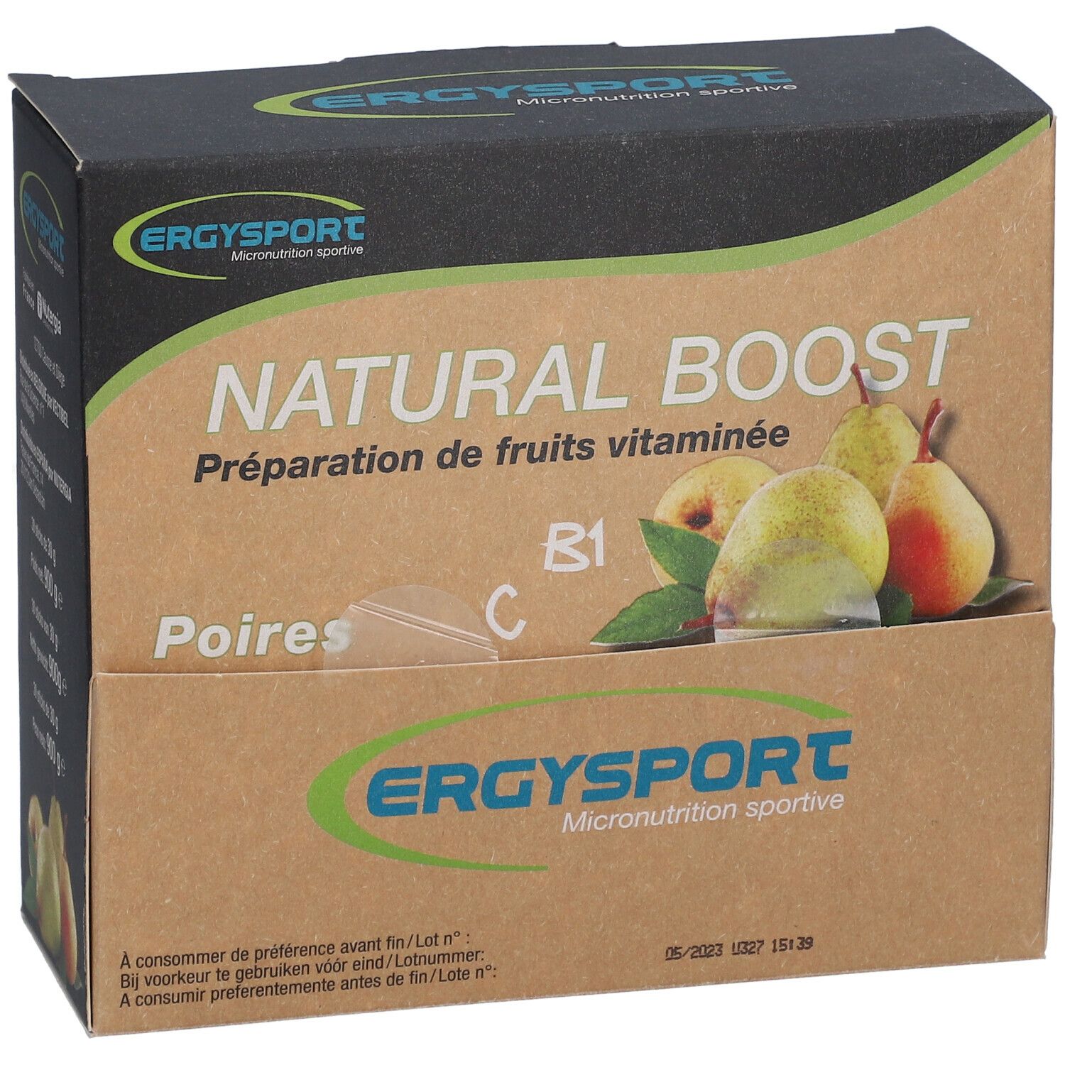 Doos Ergysport Natural Boost. Opschrift: Natural Boost, Peren, vitamine B1 en C. Logo en productnaam.