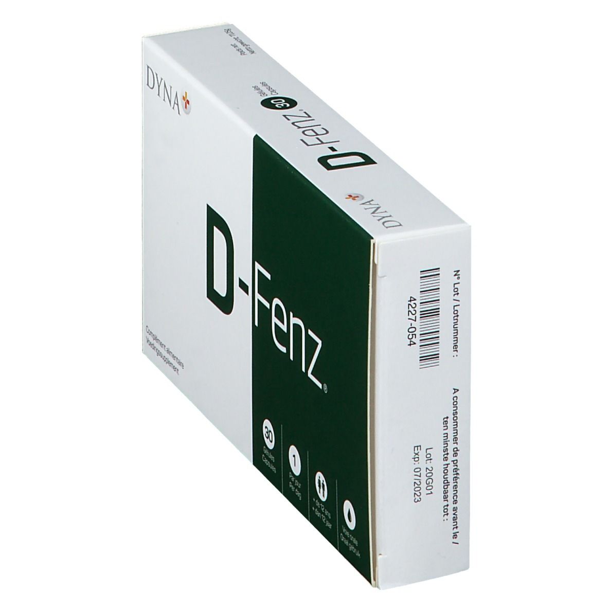 D-Fenz doos, wit en groen. Opschrift: D-Fenz, Dyna+. Bevat 30 capsules. Zijaanzicht.
