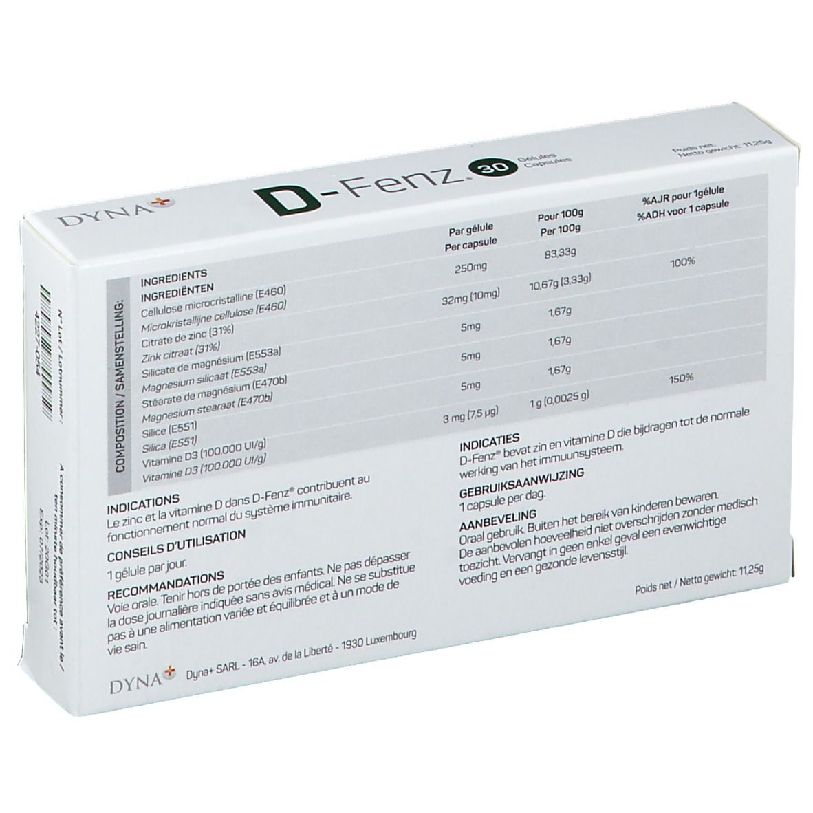 Achterkant van de D-Fenz doos. Bevat ingrediënten, gebruiksaanwijzing en voedingswaarde. Witte achtergrond.