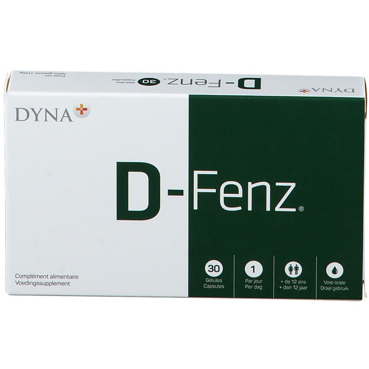 Witte doos met groen vlak. Opschrift: D-Fenz, 30 capsules, Dyna+. Voedingssupplement.
