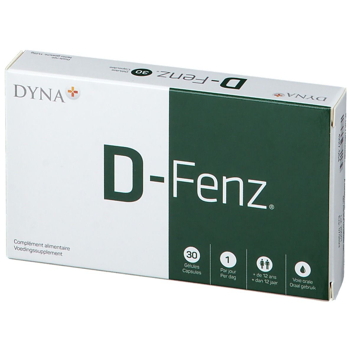 Witte doos met groen vlak. Opschrift: D-Fenz, 30 capsules, Dyna+. Voedingssupplement.