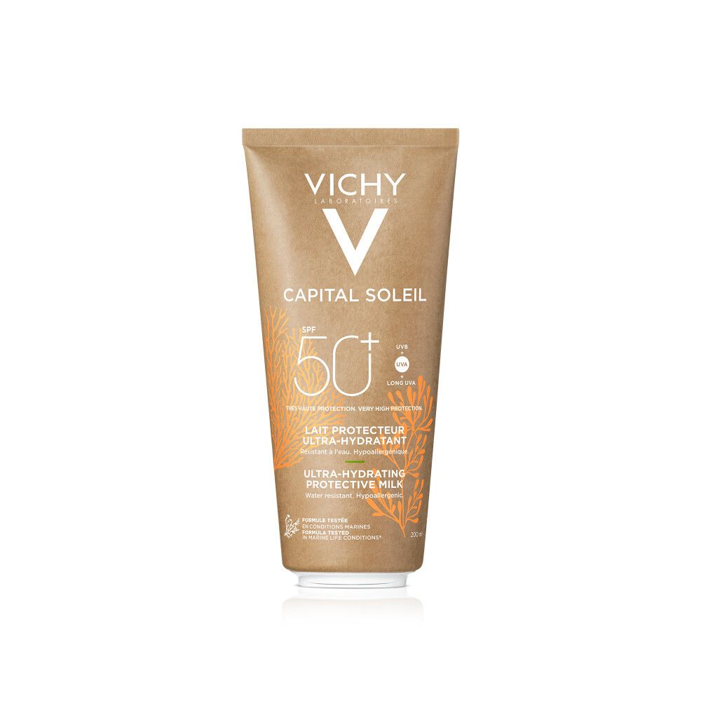 Bruine zonnebrandmelk tube met witte dop. Opschrift: VICHY, CAPITAL SOLEIL, SPF 50+. Lait Protecteur Ultra-Hydratant.