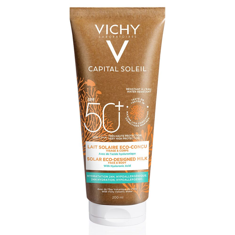 Bruine zonnebrandmelk tube met witte dop. Opschrift: VICHY, CAPITAL SOLEIL, SPF 50+. Lait Solaire Eco-Conçu.
