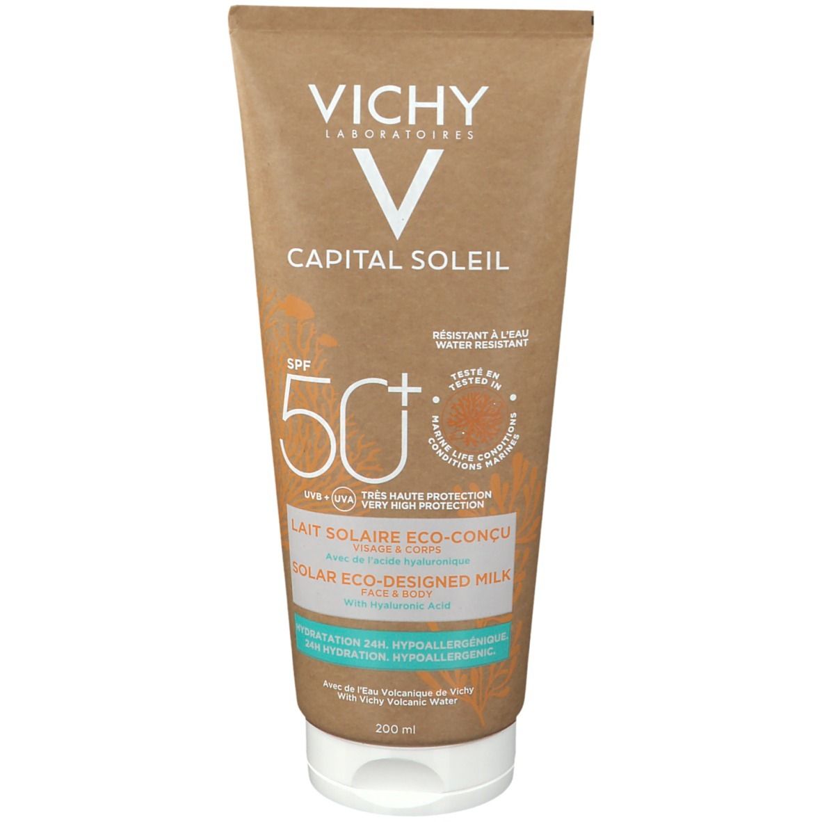 Bruine zonnebrandmelk tube met witte dop. Opschrift: VICHY, CAPITAL SOLEIL, SPF 50+. Lait Solaire Eco-Conçu.