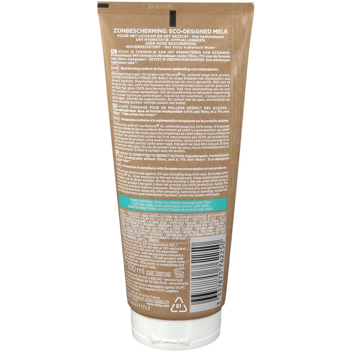 Achterkant van de zonnebrandmelk tube. Tekst in meerdere talen. Barcode en volume-aanduiding: 200 ml.
