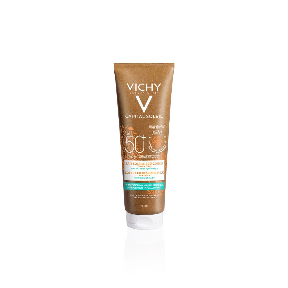 Zonnebrandmelk tube Vichy Capital Soleil SPF 50+. Eco-ontworpen melk met hyaluronzuur. Bruine tube, witte dop.