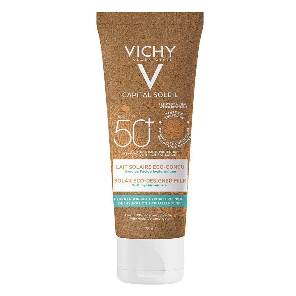Zonnebrandmelk tube met Vichy Capital Soleil SPF 50+. Eco-ontworpen melk met hyaluronzuur. Witte dop, bruine tube.