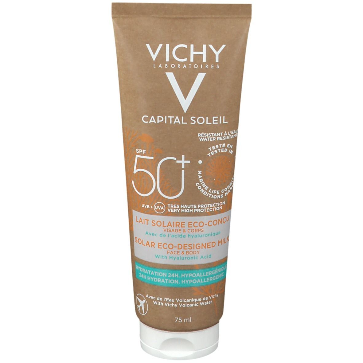 Zonnebrandmelk tube Vichy Capital Soleil SPF 50+. Eco-ontworpen melk voor gezicht & lichaam. Bruine tube, witte dop.