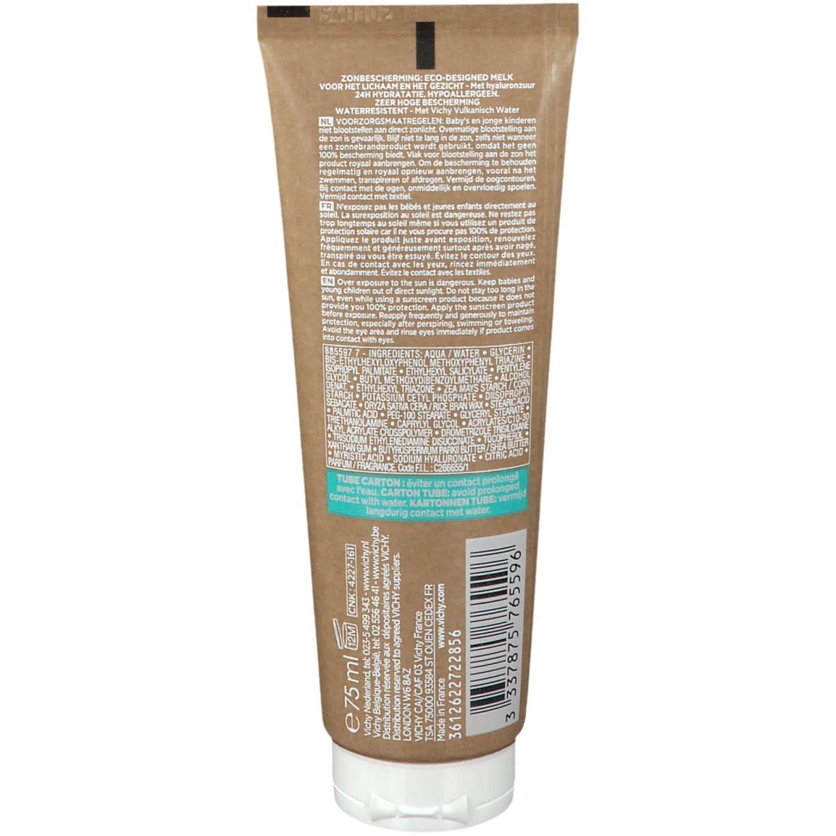 Achterkant van de zonnebrandmelk tube. Tekst in meerdere talen. Informatie over ingrediënten en fabrikant.