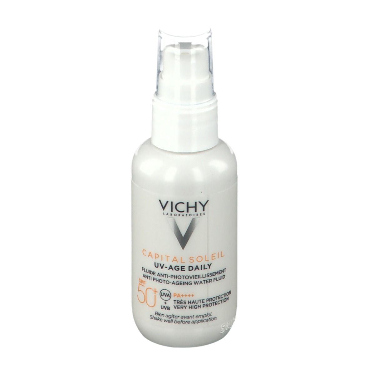 Witte fles met pomp. Vichy Capital Soleil UV-Age Daily SPF50+ is zichtbaar.