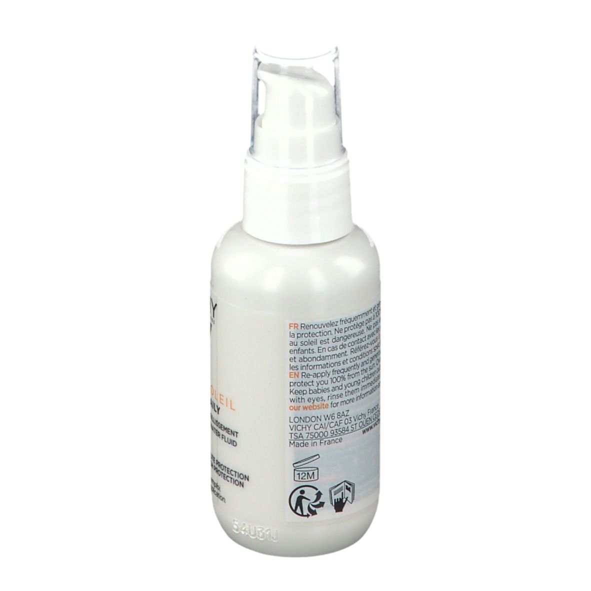 Achterkant van de witte fles. Tekstinformatie en logo's zichtbaar.