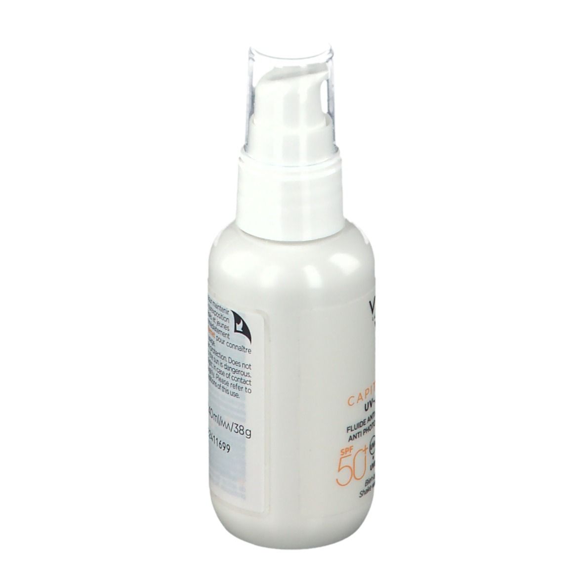 Achterkant van de witte fles. Tekstinformatie en logo's zichtbaar.