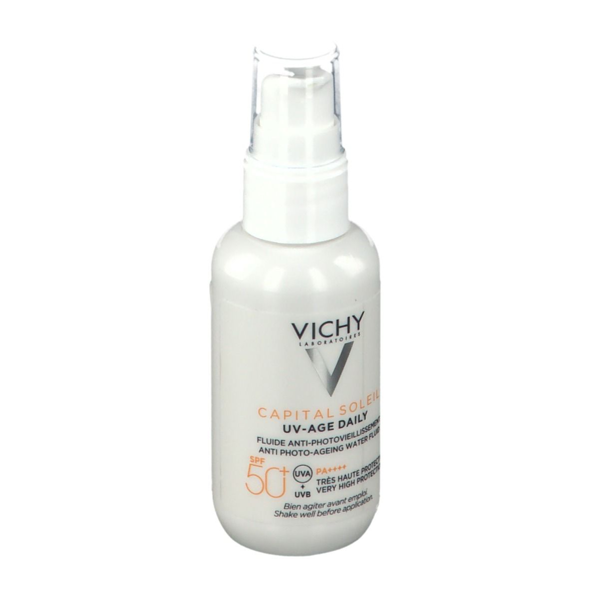 Voorkant van de witte fles. Vichy Capital Soleil UV-Age Daily SPF50+ is zichtbaar.