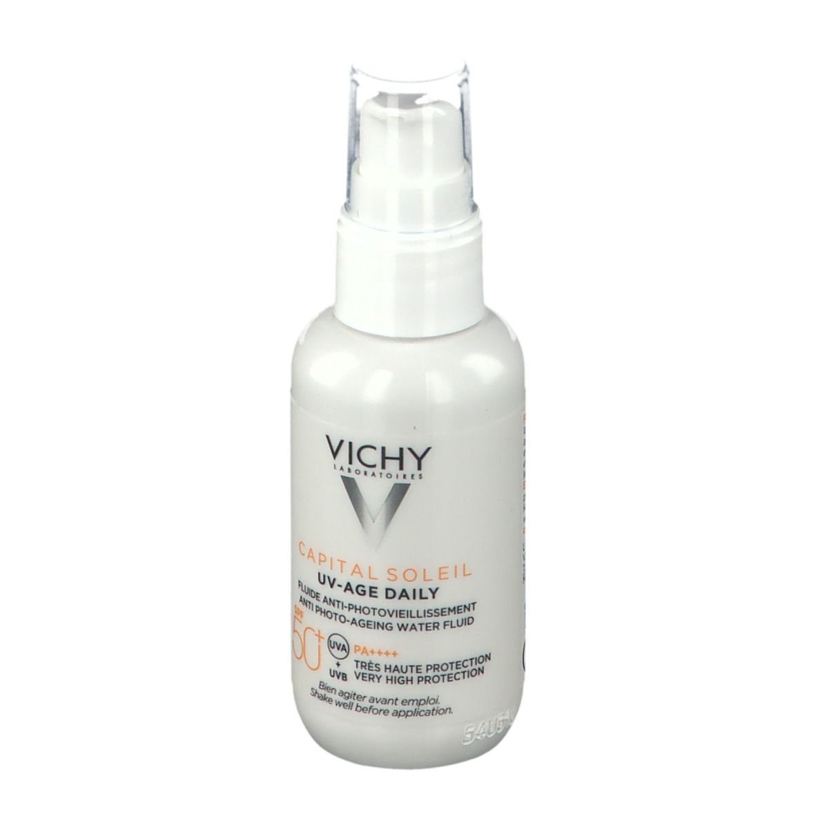 Voorkant van de witte fles. Vichy Capital Soleil UV-Age Daily SPF50+ is zichtbaar.