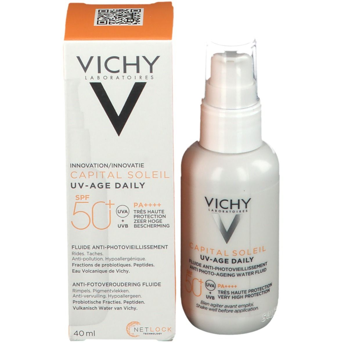 Verpakking en fles. Vichy Capital Soleil UV-Age Daily SPF50+ is zichtbaar.
