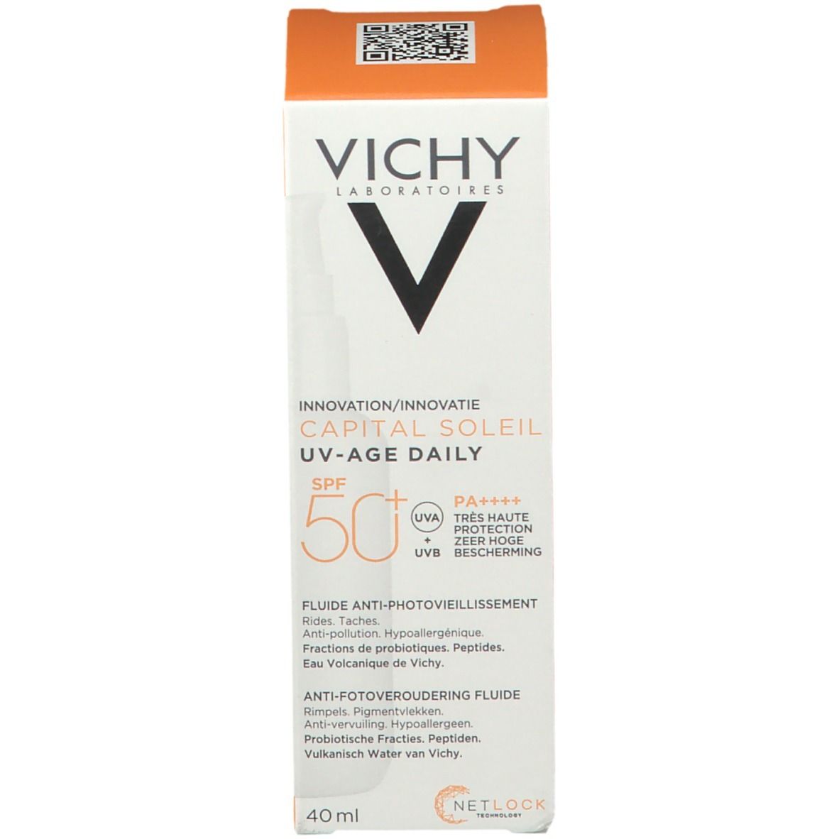 Productverpakking. Vichy Capital Soleil UV-Age Daily SPF50+ is zichtbaar.