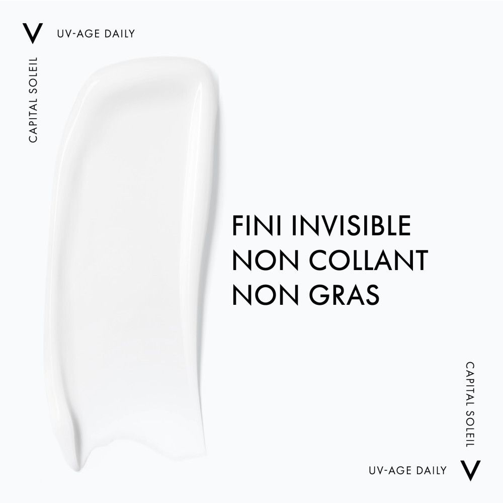 Flacon blanc avec pompe. Vichy Capital Soleil UV-Age Daily SPF50+ est visible.