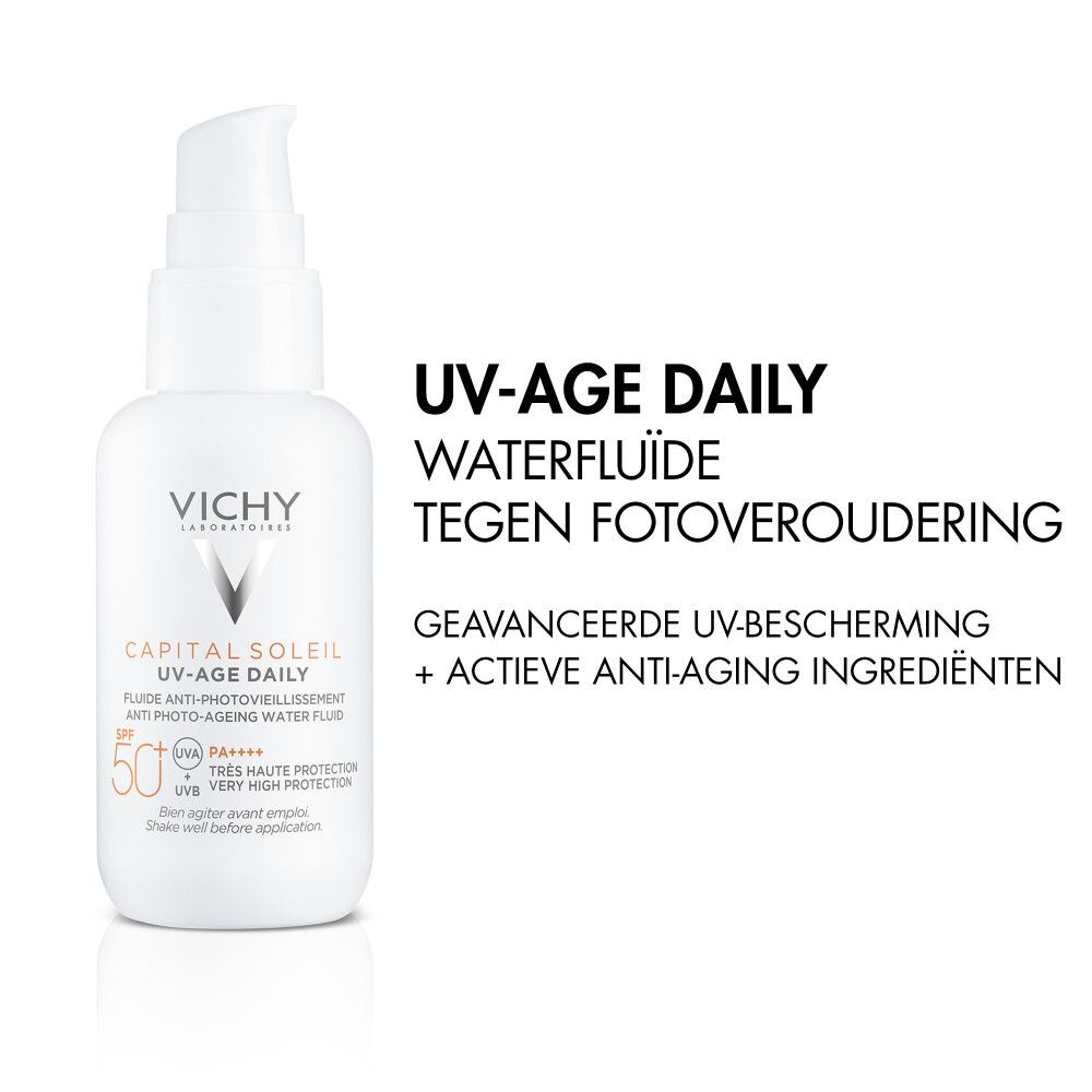 Voorkant van de witte fles. Vichy Capital Soleil UV-Age Daily SPF50+ is zichtbaar.