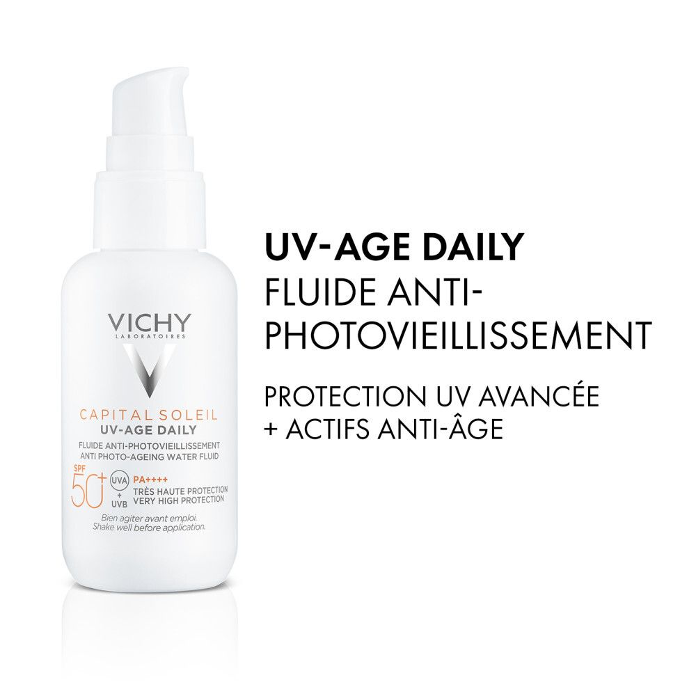 Face avant du flacon blanc. Vichy Capital Soleil UV-Age Daily SPF50+ visible.