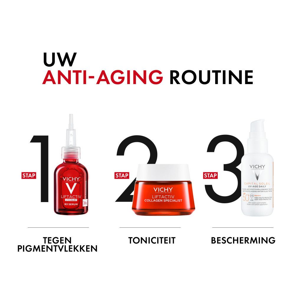 Productverpakking. Vichy Capital Soleil UV-Age Daily SPF50+ is zichtbaar.