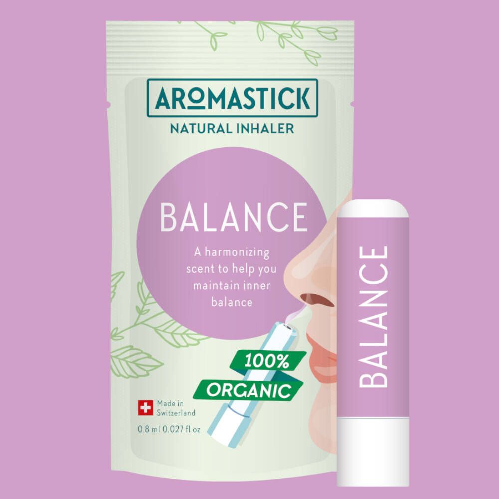 Aromastick Balance inhalator en verpakking. Opschrift: Balance, 100% Organic, Zwitsers kruis. 0,8 ml.