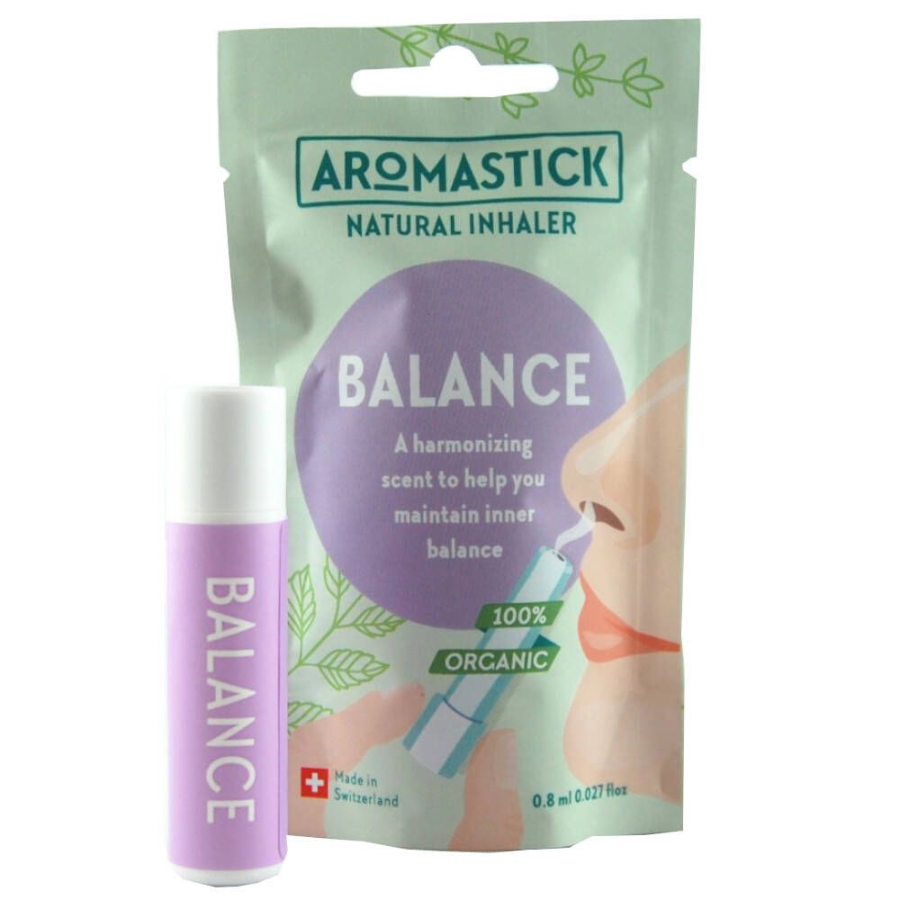 Aromastick Balance inhalator en verpakking. Opschrift: Balance, 100% Organic, Zwitsers kruis. 0,8 ml.
