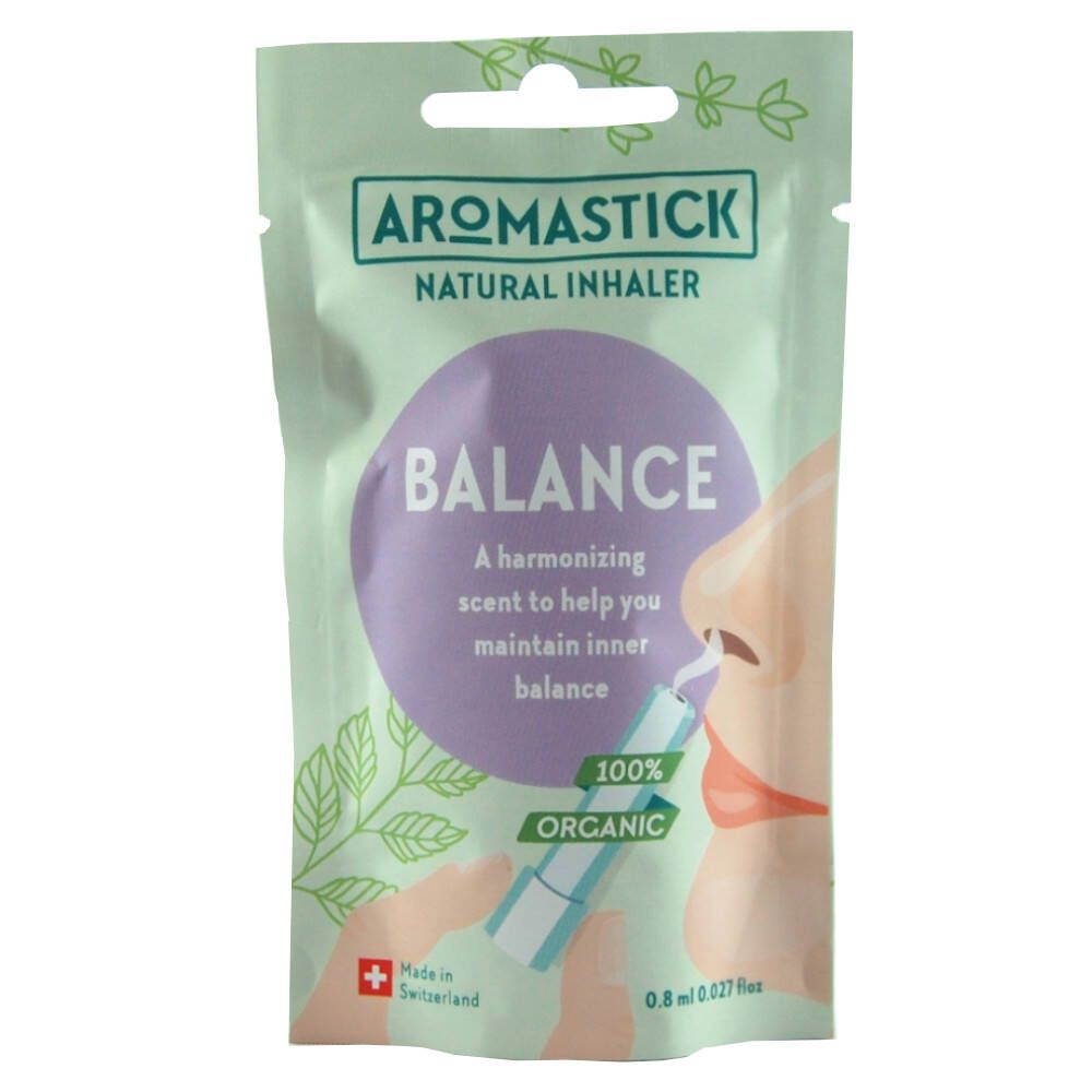 Aromastick Balance verpakking. Opschrift: Balance, 100% Organic, Zwitsers kruis. 0,8 ml.