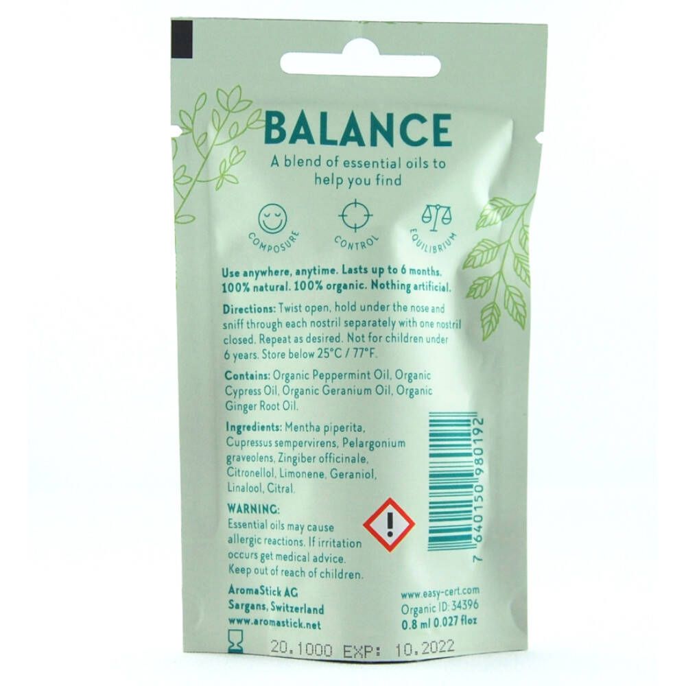 Achterkant Aromastick Balance verpakking. Tekst en logo's. Bevat informatie over ingrediënten en gebruik.