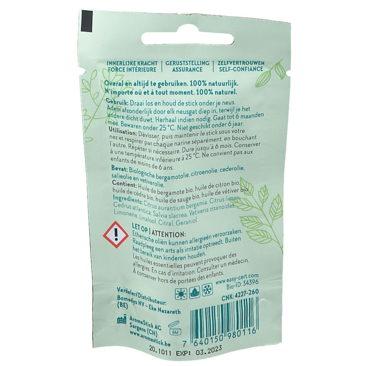 Achterkant van de Aromastick Calm verpakking. Tekst in meerdere talen. Ingrediënten en waarschuwingen.