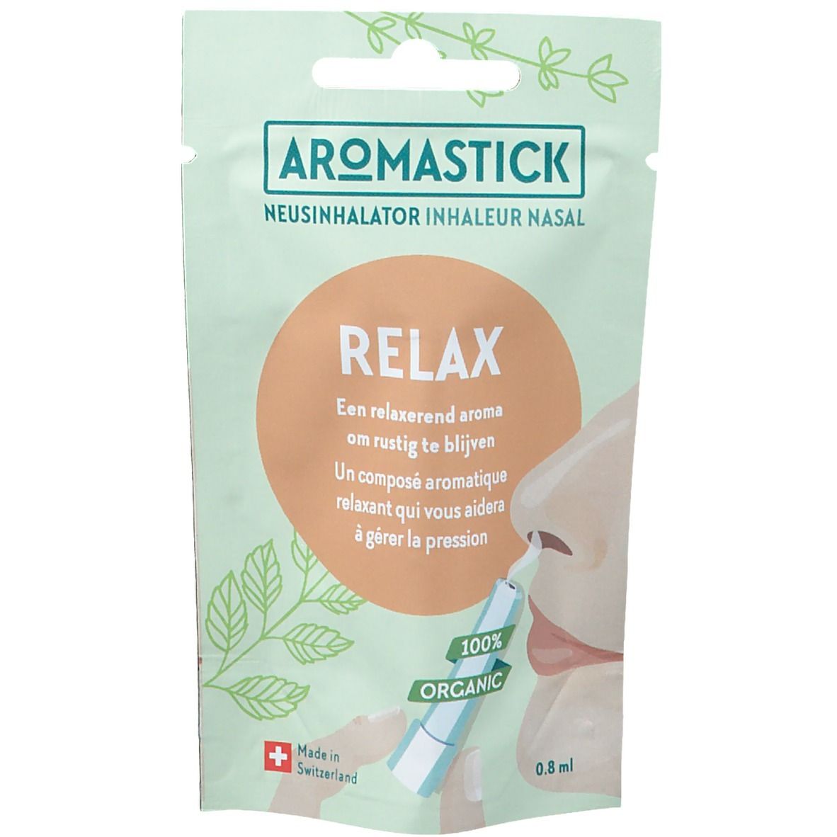 Aromastick Relax. Groen-witte verpakking met afbeelding en tekst. 100% Organic label. Zwitsers kruis.